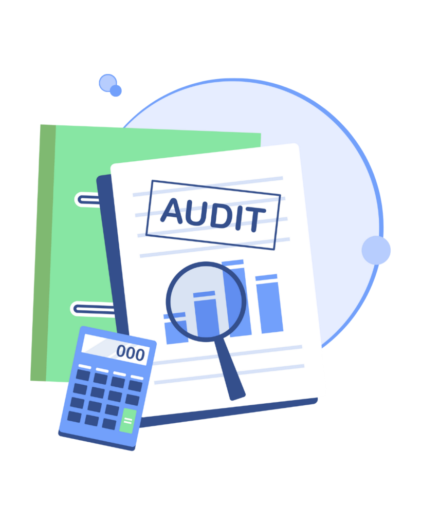 An audit with floating bubbles and a calculator.