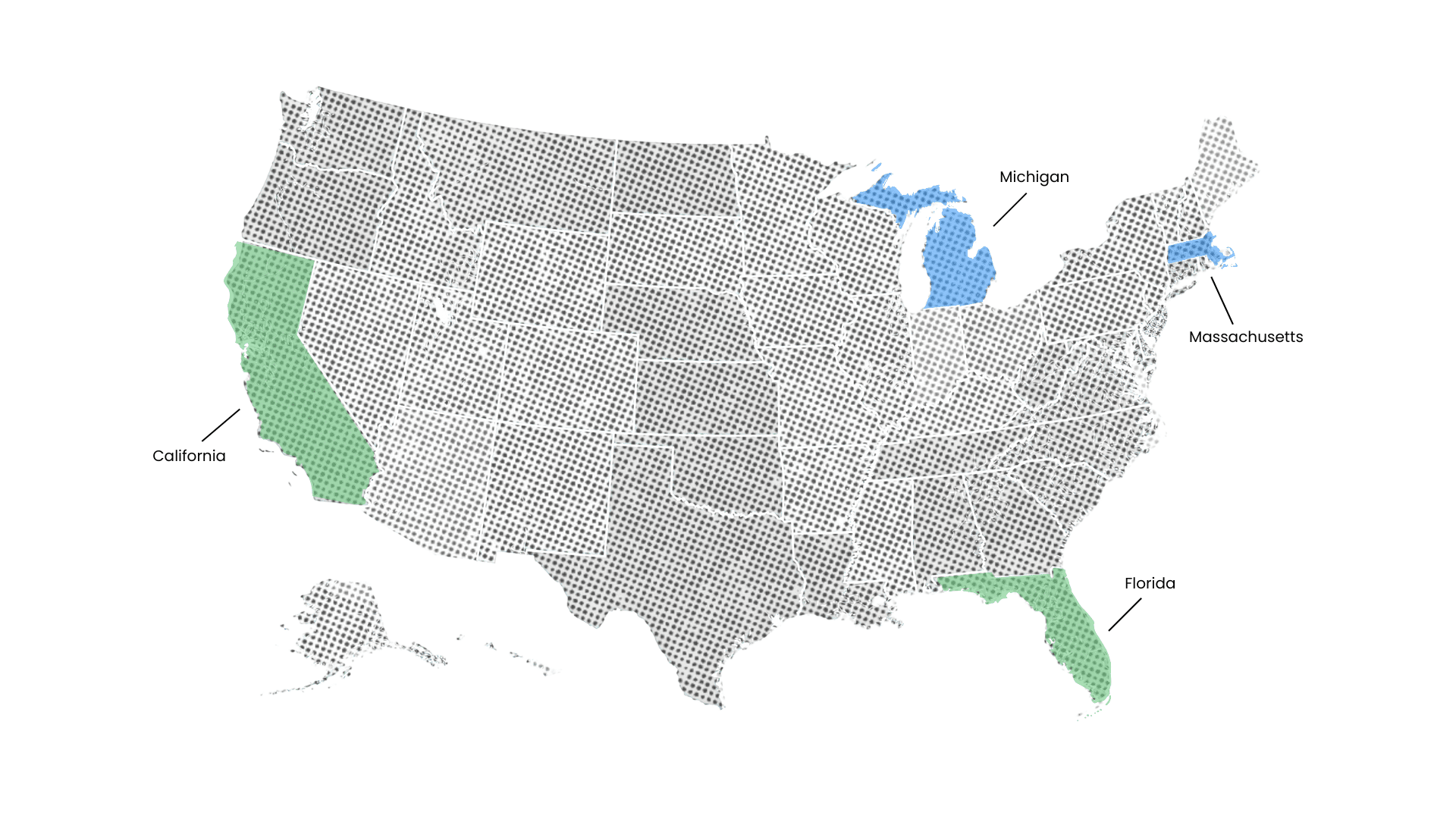 A map of the United States indicating the states Performance Medical Management currently supports: Florida, Massachusetts, Michigan, and California.