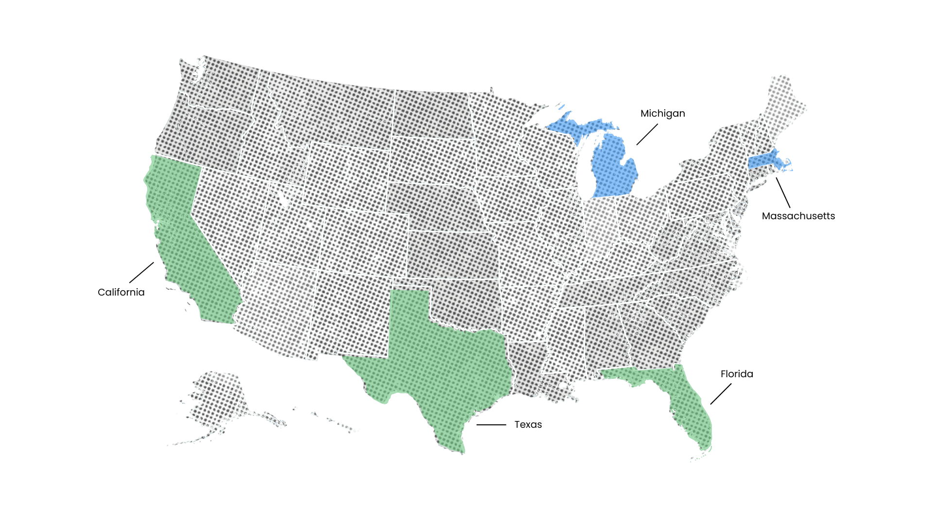 A map of the United States indicating the states Performance Medical Management currently supports: Florida, Massachusetts, Michigan, and California.